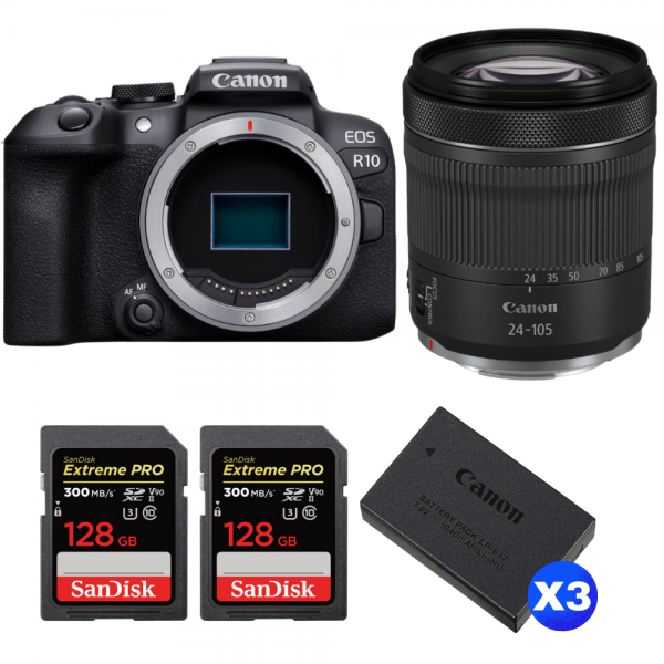 Canon EOS R10 + RF 24-105mm F4-7.1 IS STM + 2 SanDisk 128GB Extreme PRO UHS-II SDXC 300 MB/s + 3 Canon LP-E17-1