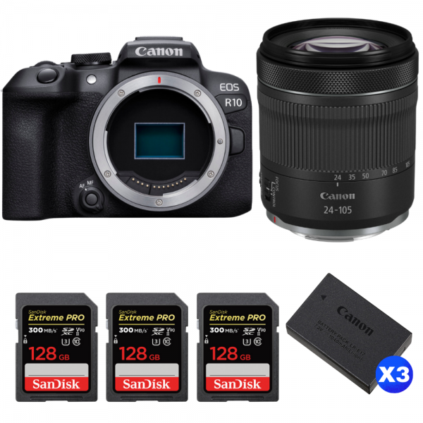 Canon EOS R10 + RF 24-105mm F4-7.1 IS STM + 3 SanDisk 128GB Extreme PRO UHS-II SDXC 300 MB/s + 3 Canon LP-E17-1