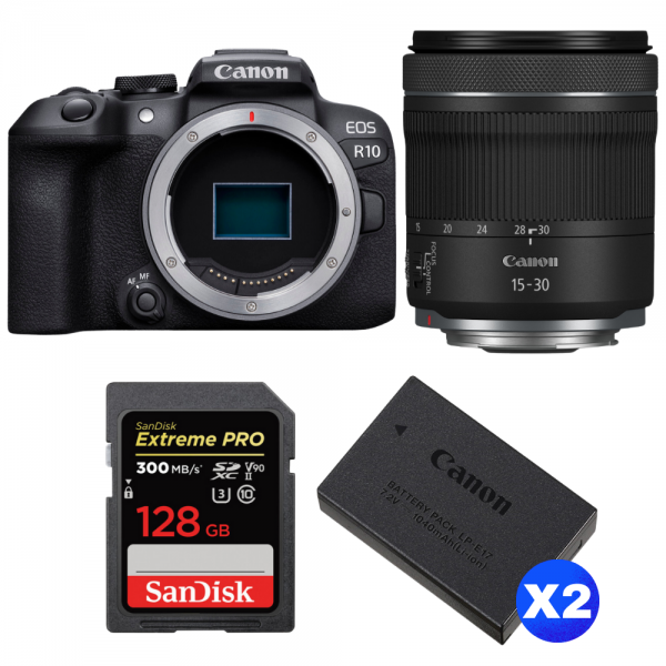 Canon EOS R10 + RF 15-30mm F4.5-6.3 IS STM + 1 SanDisk 128GB Extreme PRO UHS-II SDXC 300 MB/s + 2 Canon LP-E17-1