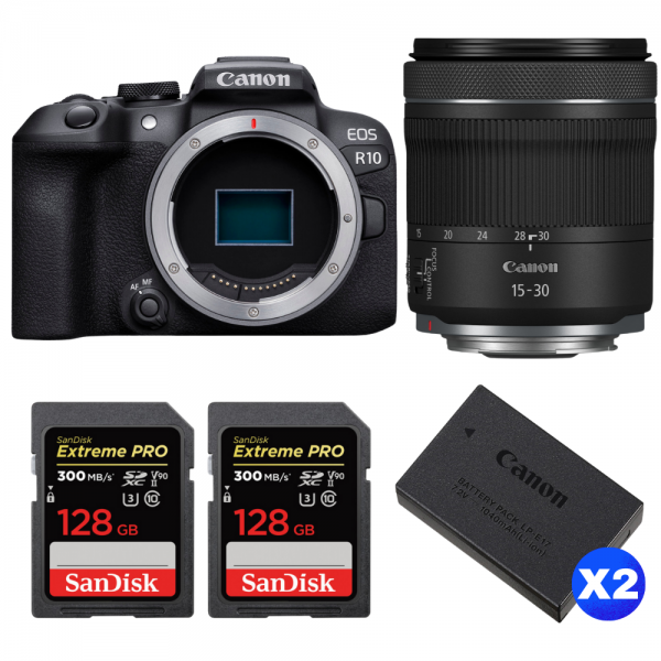 Canon EOS R10 + RF 15-30 mm F4.5-6.3 IS STM + 2 SanDisk 128GB Extreme PRO UHS-II SDXC 300 MB/s + 2 Canon LP-E17-1