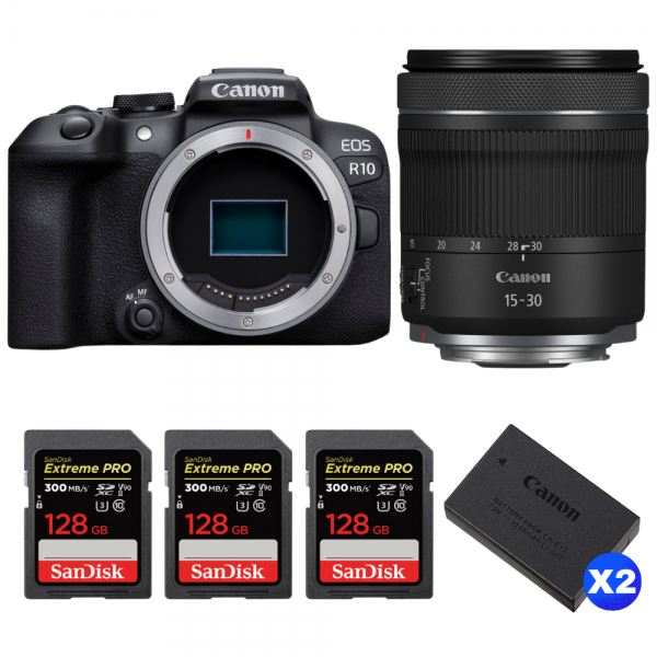 Canon EOS R10 + RF 15-30mm F4.5-6.3 IS STM + 3 SanDisk 128GB Extreme PRO UHS-II SDXC 300 MB/s + 2 Canon LP-E17-1