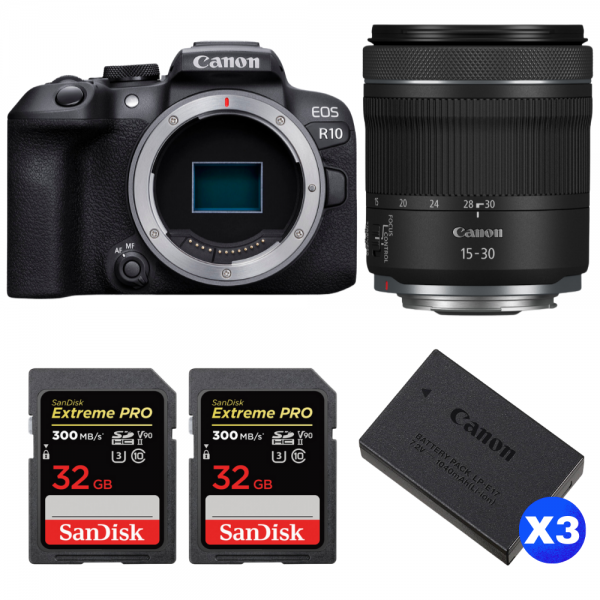 Canon EOS R10 + RF 15-30mm F4.5-6.3 IS STM + 2 SanDisk 32GB Extreme PRO UHS-II SDXC 300 MB/s + 3 Canon LP-E17-1