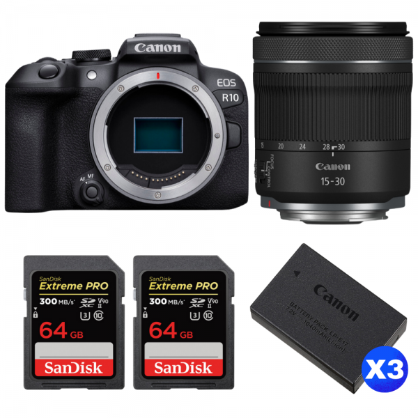 Canon EOS R10 + RF 15-30 mm f/4,5-6,3 IS STM + 2 SanDisk 64GB Extreme PRO UHS-II SDXC 300 MB/s + 3 Canon LP-E17-1