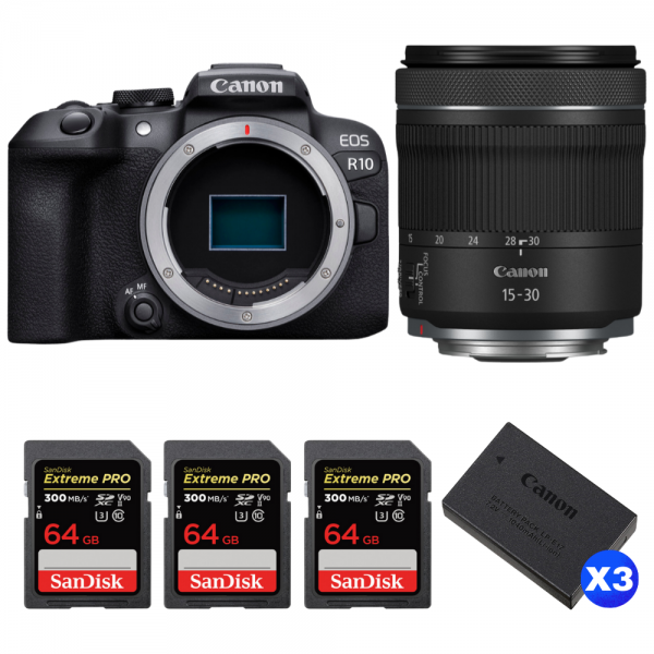 Canon EOS R10 + RF 15-30mm F4.5-6.3 IS STM + 3 SanDisk 64GB Extreme PRO UHS-II SDXC 300 MB/s + 3 Canon LP-E17-1