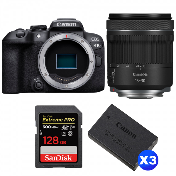 Canon EOS R10 + RF 15-30 mm f/4,5-6,3 IS STM + 1 SanDisk 128GB Extreme PRO UHS-II SDXC 300 MB/s + 3 Canon LP-E17-1