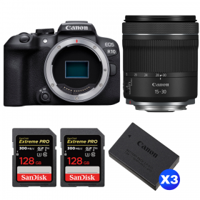 Canon EOS R10 + RF 15-30 mm f/4,5-6,3 IS STM + 2 SanDisk 128GB Extreme PRO UHS-II SDXC 300 MB/s + 3 Canon LP-E17-1