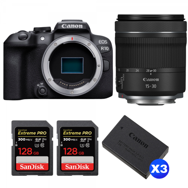 Canon EOS R10 + RF 15-30 mm f/4,5-6,3 IS STM + 2 SanDisk 128GB Extreme PRO UHS-II SDXC 300 MB/s + 3 Canon LP-E17-1