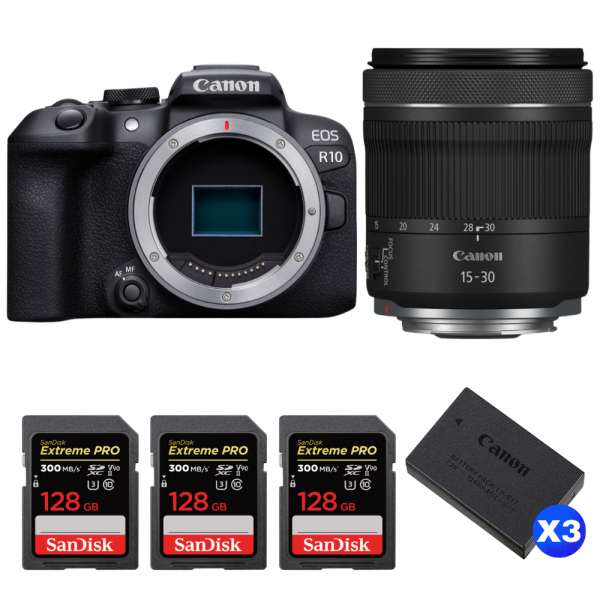 Canon EOS R10 + RF 15-30mm F4.5-6.3 IS STM + 3 SanDisk 128GB Extreme PRO UHS-II SDXC 300 MB/s + 3 Canon LP-E17-1