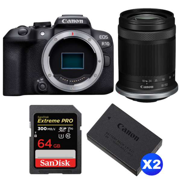Canon EOS R10 + RF-S 18-150mm F4.5-6.3 IS STM + 1 SanDisk 64GB Extreme PRO UHS-II SDXC 300 MB/s + 2 Canon LP-E17-1