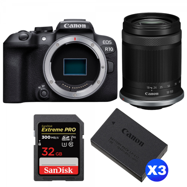 Canon EOS R10 + RF-S 18-150mm F4.5-6.3 IS STM + 1 SanDisk 32GB Extreme PRO UHS-II SDXC 300 MB/s + 3 Canon LP-E17-1