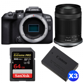 Canon EOS R10 + RF-S 18-150 mm f/4,5-6,3 IS STM + 1 SanDisk 64GB Extreme PRO UHS-II SDXC 300 MB/s + 3 Canon LP-E17-1