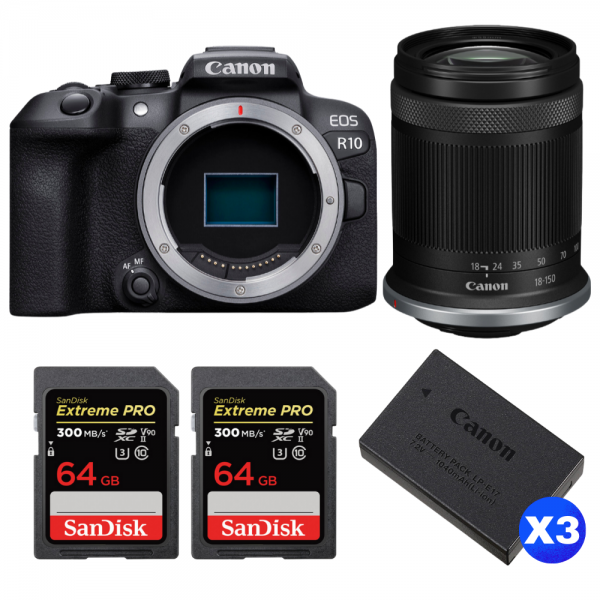 Canon EOS R10 + RF-S 18-150 mm f/4,5-6,3 IS STM + 2 SanDisk 64GB Extreme PRO UHS-II SDXC 300 MB/s + 3 Canon LP-E17-1