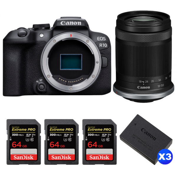 Canon EOS R10 + RF-S 18-150 mm f/4,5-6,3 IS STM + 3 SanDisk 64GB Extreme PRO UHS-II SDXC 300 MB/s + 3 Canon LP-E17-1