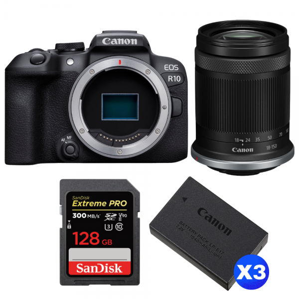 Canon EOS R10 + RF-S 18-150 mm f/4,5-6,3 IS STM + 1 SanDisk 128GB Extreme PRO UHS-II SDXC 300 MB/s + 3 Canon LP-E17-1