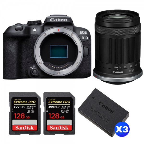 Canon EOS R10 + RF-S 18-150mm F4.5-6.3 IS STM + 2 SanDisk 128GB Extreme PRO UHS-II SDXC 300 MB/s + 3 Canon LP-E17-1