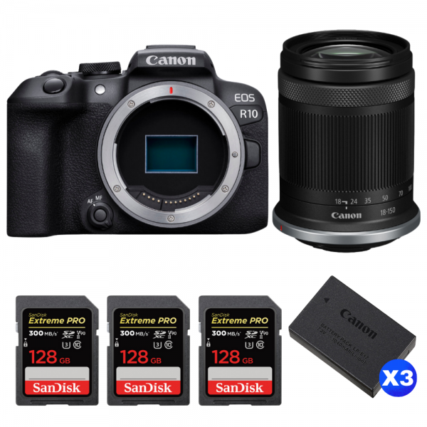 Canon EOS R10 + RF-S 18-150mm F4.5-6.3 IS STM + 3 SanDisk 128GB Extreme PRO UHS-II SDXC 300 MB/s + 3 Canon LP-E17-1