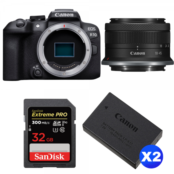 Camara Canon EOS R10 + RF-S 18-45 mm f/4,5-6,3 IS STM + 1 SanDisk 32GB Extreme PRO UHS-II SDXC 300 MB/s + 2 Canon LP-E17-1