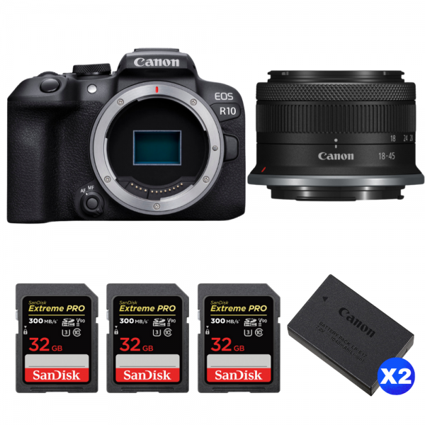 Canon EOS R10 + RF-S 18-45mm F4.5-6.3 IS STM + 3 SanDisk 32GB Extreme PRO UHS-II SDXC 300 MB/s + 2 Canon LP-E17-1