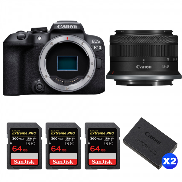Canon EOS R10 + RF-S 18-45mm F4.5-6.3 IS STM + 3 SanDisk 64GB Extreme PRO UHS-II SDXC 300 MB/s + 2 Canon LP-E17-1