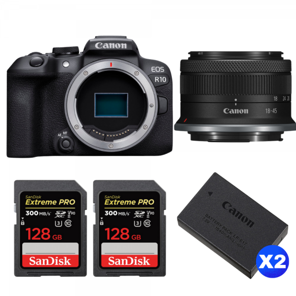 Canon EOS R10 + RF-S 18-45 mm f/4,5-6,3 IS STM + 2 SanDisk 128GB Extreme PRO UHS-II SDXC 300 MB/s + 2 Canon LP-E17-1