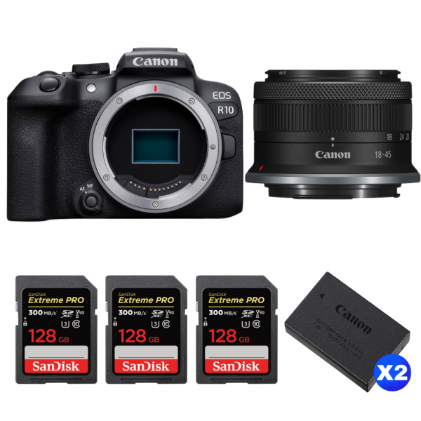 Canon EOS R10 + RF-S 18-45 mm f/4,5-6,3 IS STM + 3 SanDisk 128GB Extreme PRO UHS-II SDXC 300 MB/s + 2 Canon LP-E17-1