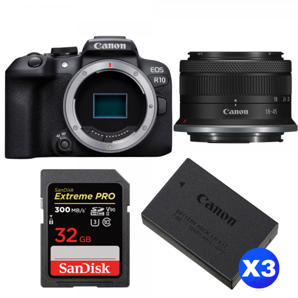 Canon EOS R10 + RF-S 18-45mm F4.5-6.3 IS STM + 1 SanDisk 32GB Extreme PRO UHS-II SDXC 300 MB/s + 3 Canon LP-E17-1