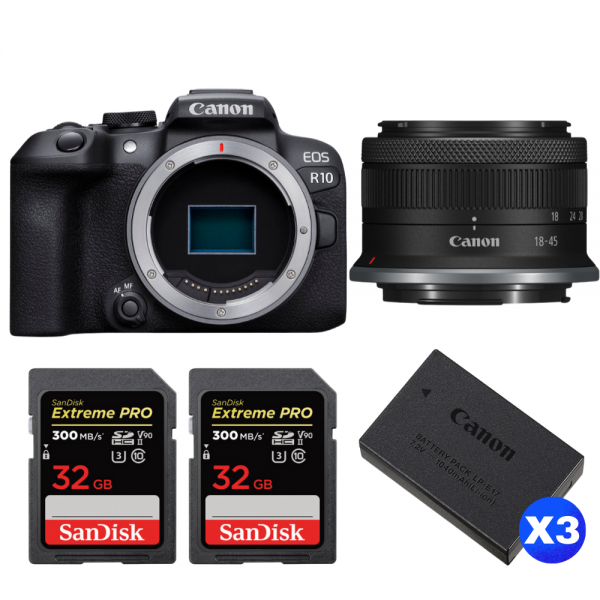 Canon EOS R10 + RF-S 18-45mm F4.5-6.3 IS STM + 2 SanDisk 32GB Extreme PRO UHS-II SDXC 300 MB/s + 3 Canon LP-E17-1