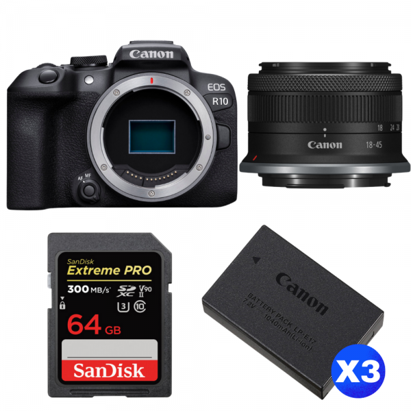 Canon EOS R10 + RF-S 18-45mm F4.5-6.3 IS STM + 1 SanDisk 64GB Extreme PRO UHS-II SDXC 300 MB/s + 3 Canon LP-E17-1