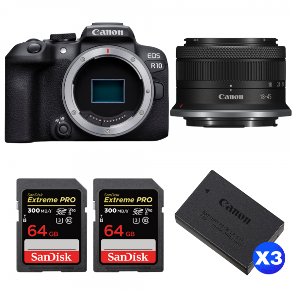 Canon EOS R10 + RF-S 18-45 mm f/4,5-6,3 IS STM + 2 SanDisk 64GB Extreme PRO UHS-II SDXC 300 MB/s + 3 Canon LP-E17-1