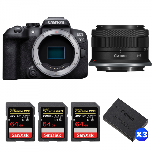 Canon EOS R10 + RF-S 18-45mm F4.5-6.3 IS STM + 3 SanDisk 64GB Extreme PRO UHS-II SDXC 300 MB/s + 3 Canon LP-E17-1