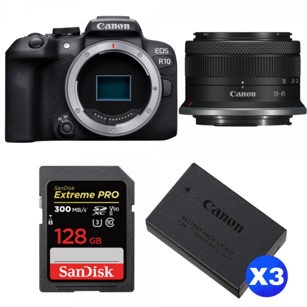 Canon EOS R10 + RF-S 18-45mm F4.5-6.3 IS STM + 1 SanDisk 128GB Extreme PRO UHS-II SDXC 300 MB/s + 3 Canon LP-E17-1