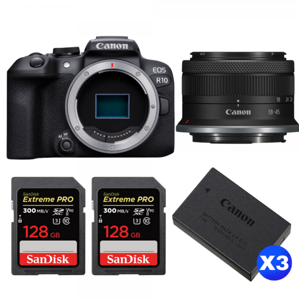 Canon EOS R10 + RF-S 18-45 mm f/4,5-6,3 IS STM + 2 SanDisk 128GB Extreme PRO UHS-II SDXC 300 MB/s + 3 Canon LP-E17-1