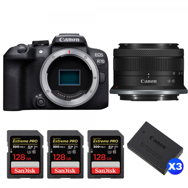 Canon EOS R10 + RF-S 18-45mm F4.5-6.3 IS STM + 3 SanDisk 128GB Extreme PRO UHS-II SDXC 300 MB/s + 3 Canon LP-E17-1