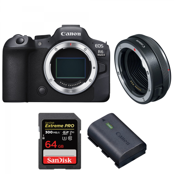 Canon EOS R6 Mark II + Canon EF-EOS R Premium + 1 SanDisk 64GB Extreme PRO UHS-II SDXC 300 MB/s + 1 Canon LP-E6NH-1