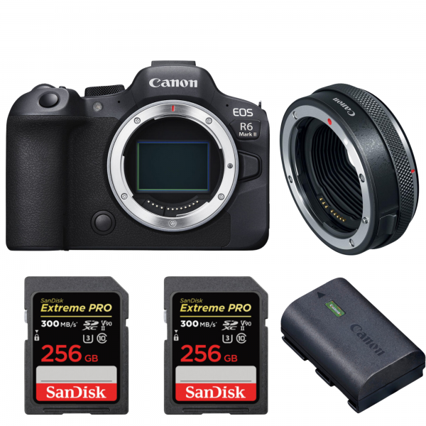 Canon EOS R6 Mark II + Canon EF-EOS R Premium + 2 SanDisk 256GB Extreme PRO UHS-II SDXC 300 MB/s + 1 Canon LP-E6NH-1