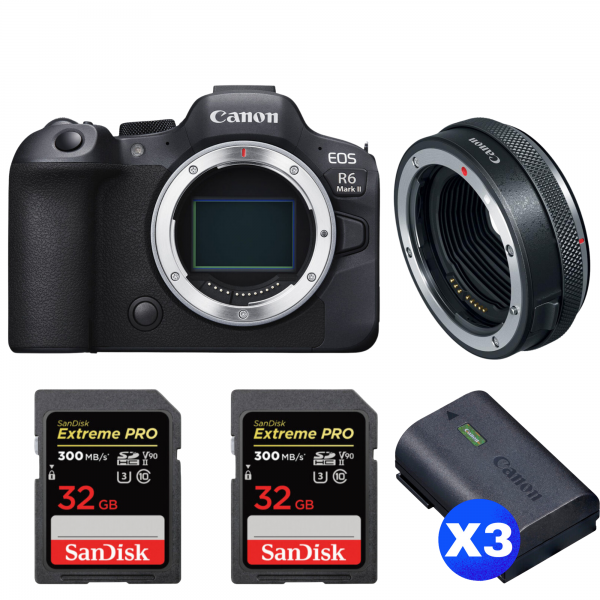 Canon EOS R6 Mark II + Canon EF-EOS R Premium + 2 SanDisk 32GB Extreme PRO UHS-II SDXC 300 MB/s + 3 Canon LP-E6NH-1
