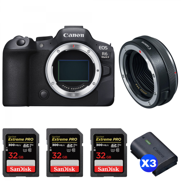 Canon EOS R6 Mark II + Canon EF-EOS R Premium + 3 SanDisk 32GB Extreme PRO UHS-II SDXC 300 MB/s + 3 Canon LP-E6NH-1