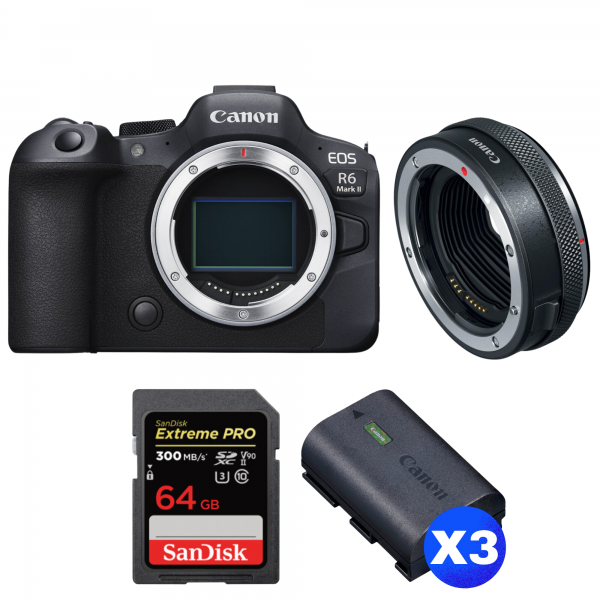 Canon EOS R6 Mark II + Canon EF-EOS R Premium + 1 SanDisk 64GB Extreme PRO UHS-II SDXC 300 MB/s + 3 Canon LP-E6NH-1