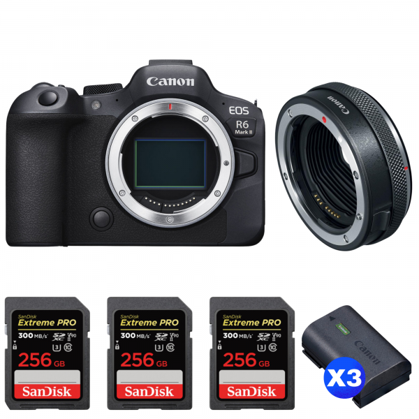 Canon EOS R6 Mark II + Canon EF-EOS R Premium + 3 SanDisk 256GB Extreme PRO UHS-II SDXC 300 MB/s + 3 Canon LP-E6NH-1