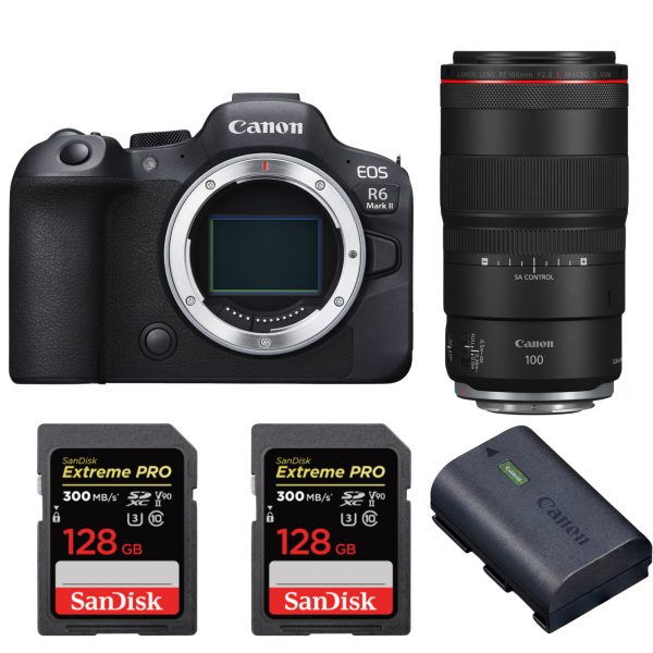 Canon EOS R6 Mark II + RF 100mm f/2.8 L Macro IS USM + 2 SanDisk 128GB Extreme PRO UHS-II SDXC 300 MB/s + 1 Canon LP-E6NH-1
