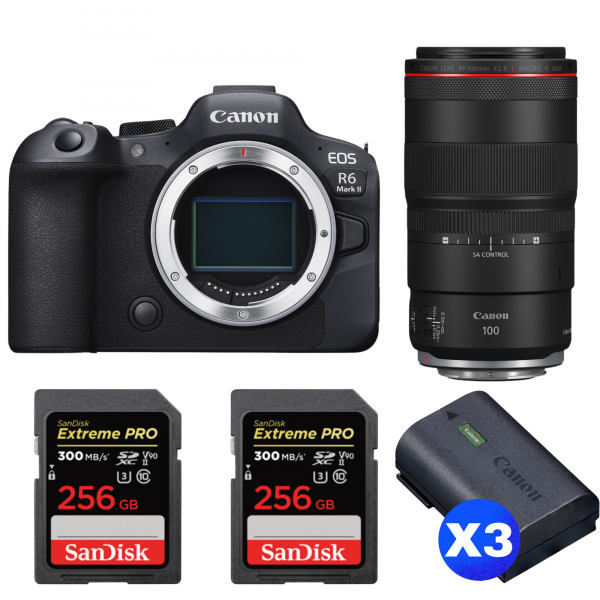 Canon EOS R6 Mark II + RF 100mm f/2.8 L Macro IS USM + 2 SanDisk 256GB Extreme PRO UHS-II SDXC 300 MB/s + 3 Canon LP-E6NH-1