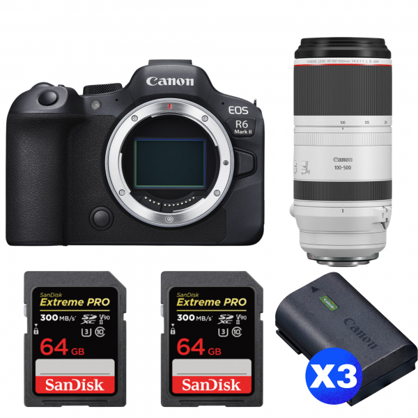 Canon EOS R6 Mark II + RF 100-500mm f/4.5-7.1 L IS USM + 2 SanDisk 64GB Extreme PRO UHS-II SDXC 300 MB/s + 3 Canon LP-E6NH-1