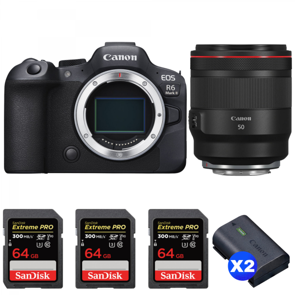 Canon EOS R6 Mark II + RF 50mm f/1.2 L USM + 3 SanDisk 64GB Extreme PRO UHS-II SDXC 300 MB/s + 2 Canon LP-E6NH-1