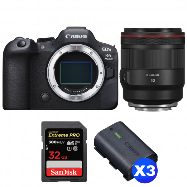 Canon EOS R6 Mark II + RF 50mm f/1.2 L USM + 1 SanDisk 32GB Extreme PRO UHS-II SDXC 300 MB/s + 3 Canon LP-E6NH-1