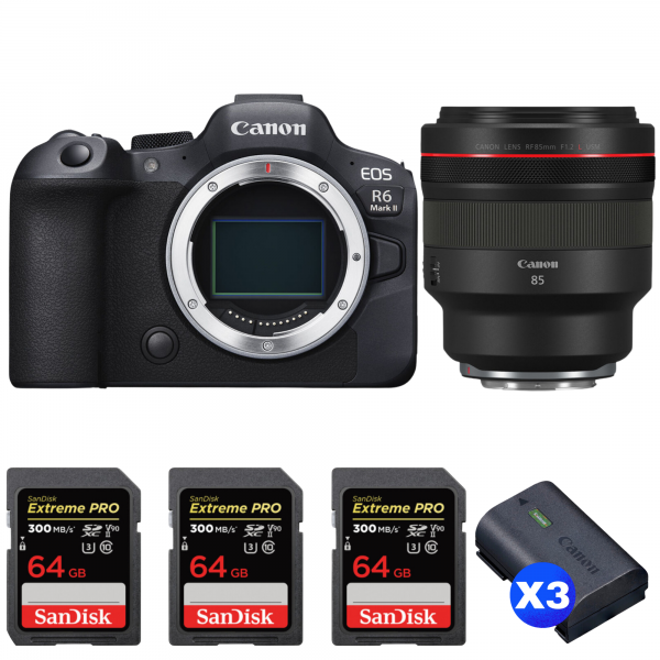 Canon EOS R6 Mark II + RF 85mm f/1.2 L USM + 3 SanDisk 64GB Extreme PRO UHS-II SDXC 300 MB/s + 3 Canon LP-E6NH-1
