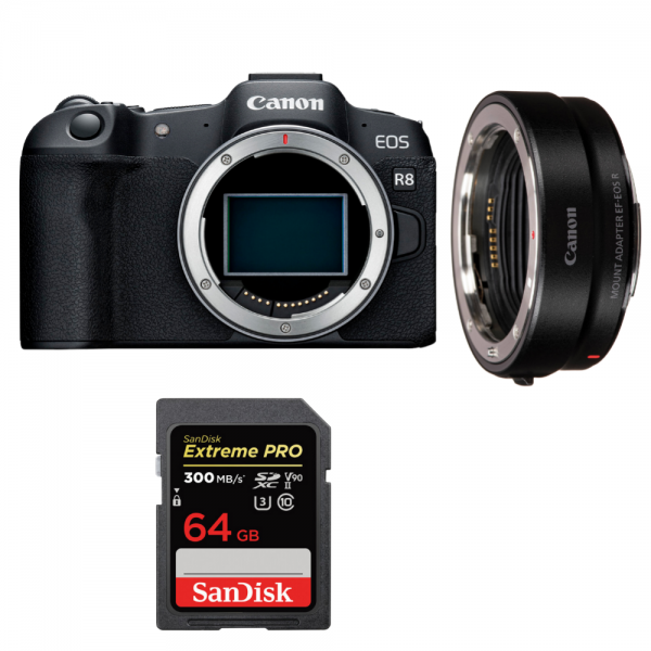 Canon EOS R8 Body + EF-EOS R + 1 SanDisk 64GB Extreme PRO UHS-II SDXC 300 MB/s-1