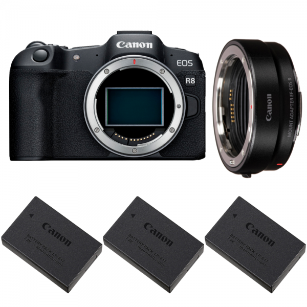 Canon EOS R8 + EF-EOS R + 3 Canon LP-E17-1