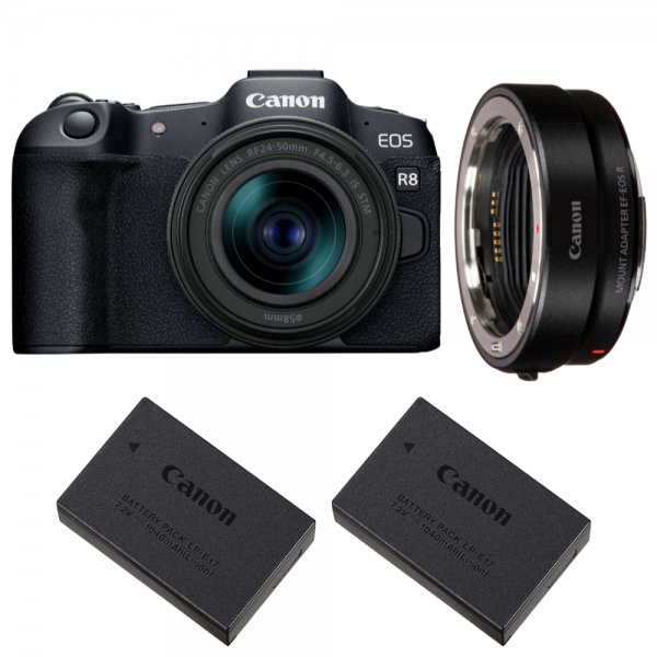Canon EOS R8 + RF 24-50mm IS STM + EF-EOS R + 2 Canon LP-E17-1