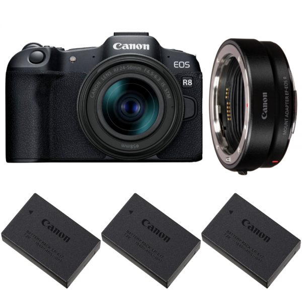 Canon EOS R8 + RF 24-50mm IS STM + EF-EOS R + 3 Canon LP-E17-1