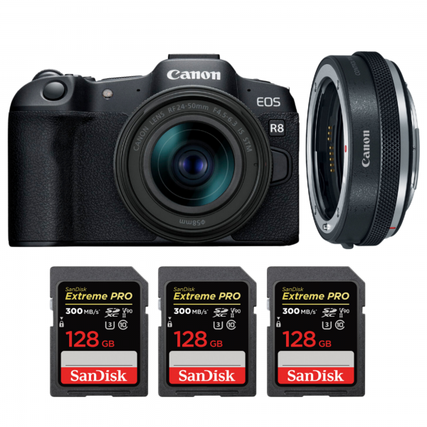 Canon EOS R8 + RF 24-50mm IS STM + EF-EOS R Premium + 3 SanDisk 128GB Extreme PRO UHS-II SDXC 300 MB/s-1